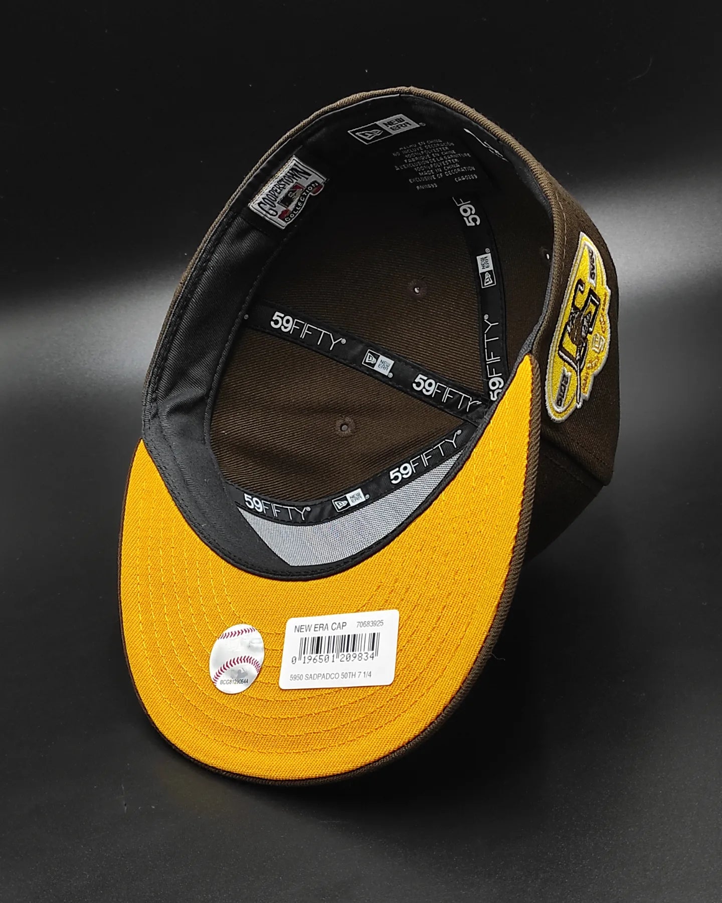 Gorra ajustada 59fifty New Era San Diego Padres 50 aniversario edición amarilla y café