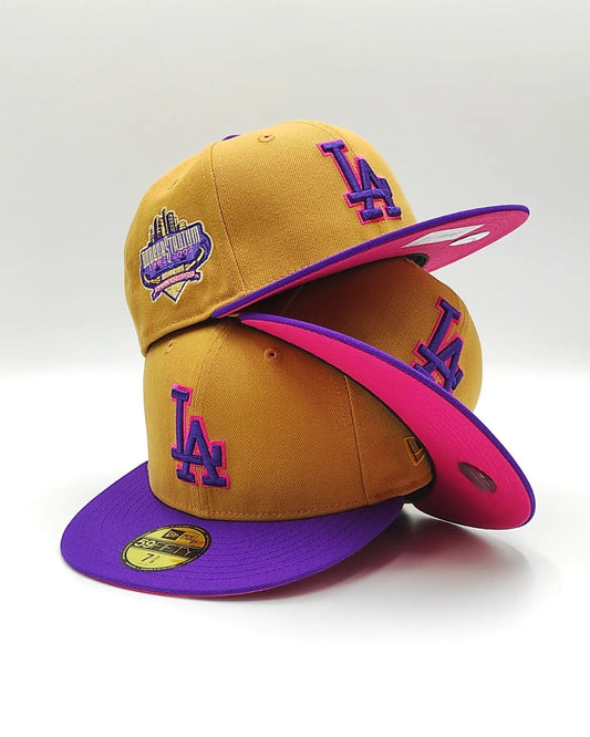 Gorra New Era exclusiva 59FIFTY parques Hot Valley Los Angeles Dodgers 40 Aniversario parche de estadio - Bronceado, Púrpura