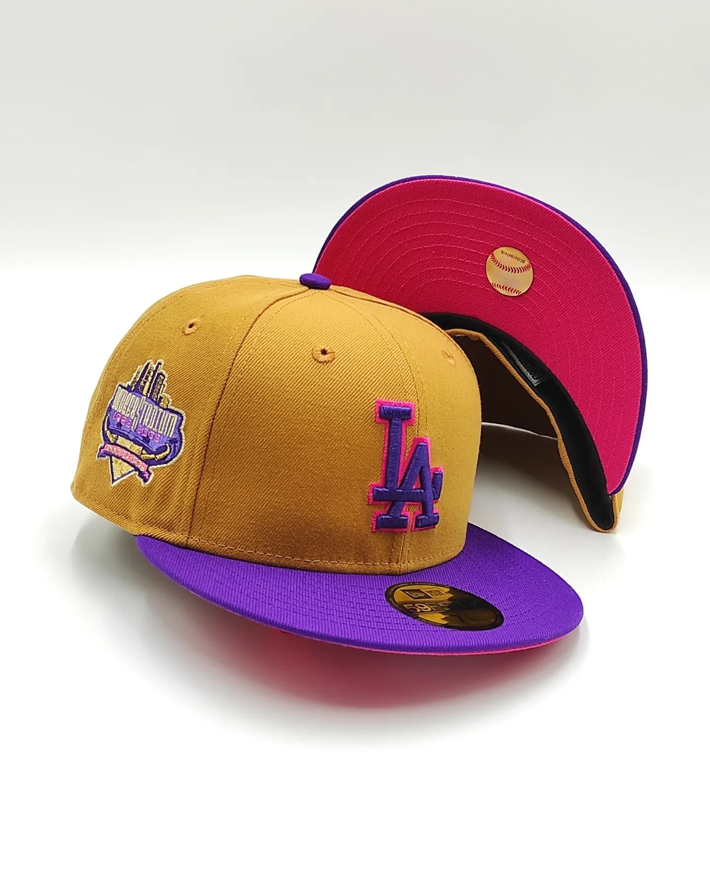Gorra New Era exclusiva 59FIFTY parques Hot Valley Los Angeles Dodgers 40 Aniversario parche de estadio - Bronceado, Púrpura
