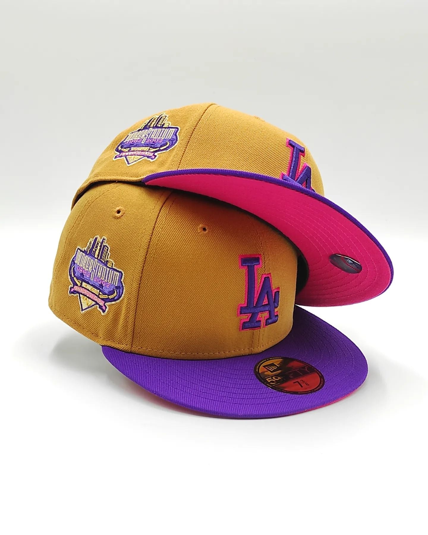 Gorra New Era exclusiva 59FIFTY parques Hot Valley Los Angeles Dodgers 40 Aniversario parche de estadio - Bronceado, Púrpura