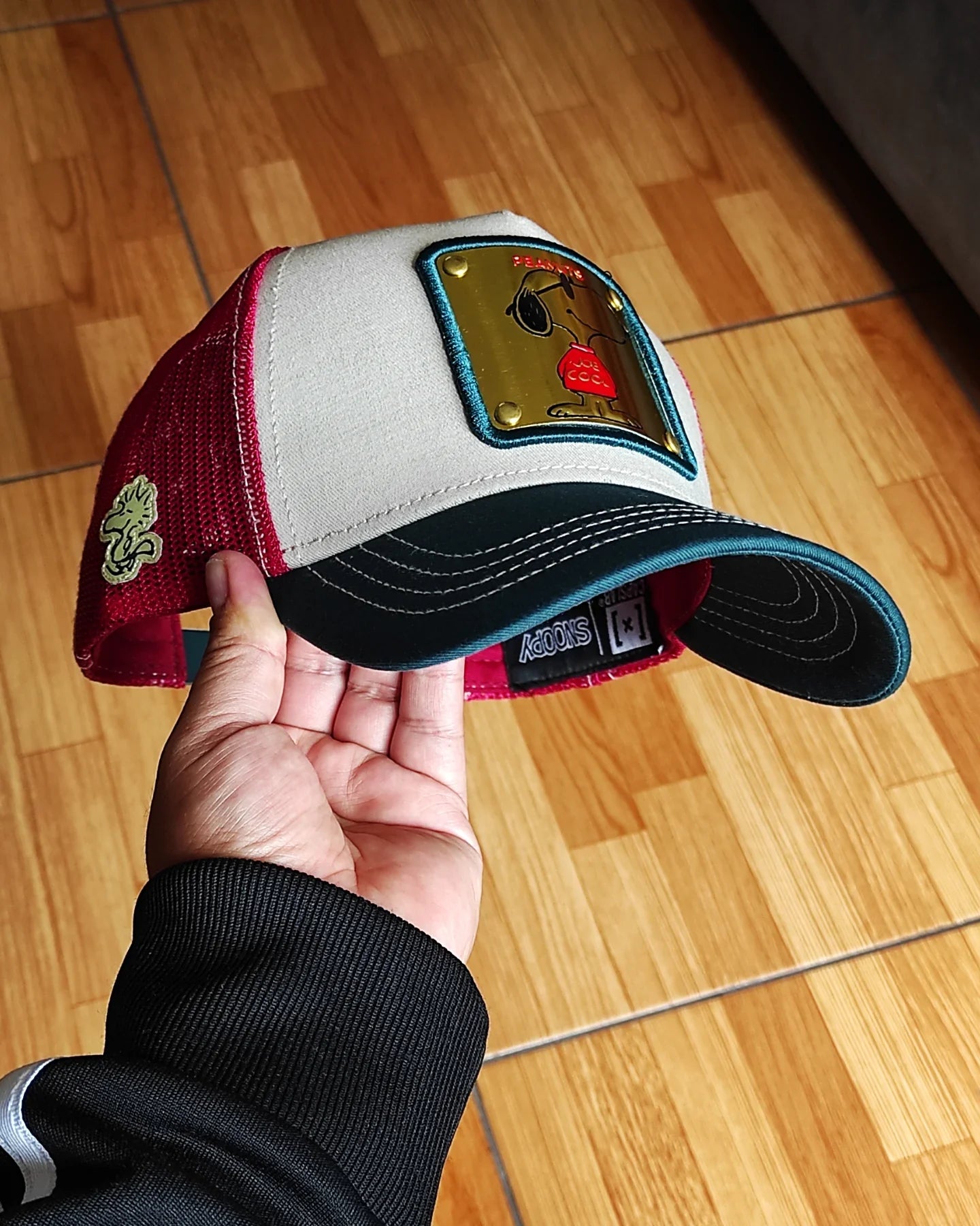 Gorra trucker snapback CAPSLAB Cacahuetes Snoopy blanco rojo verde