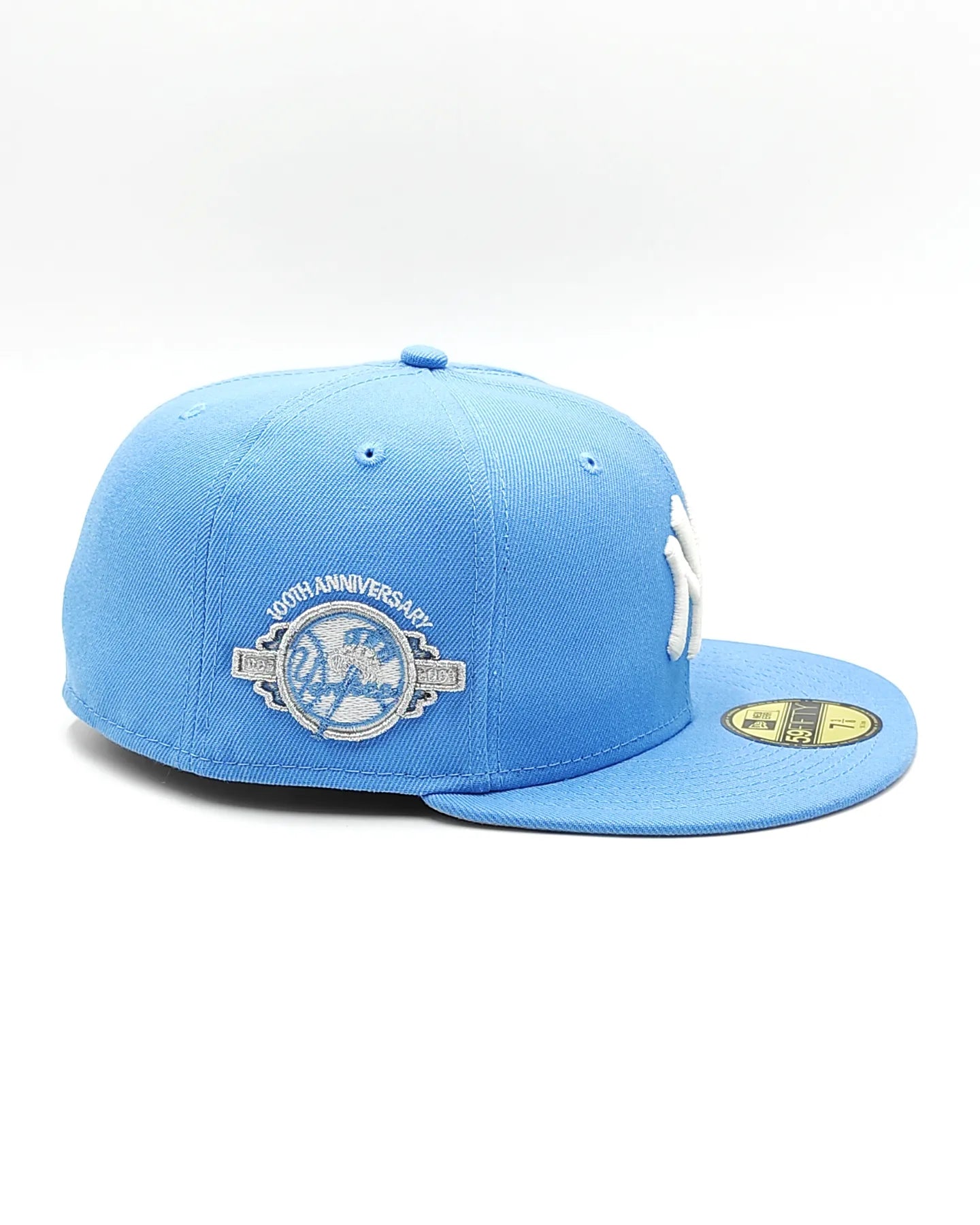 New York Yankees 100 aniversario New Era 59Fifty ajustada - azul cielo, blanco, plateado - brilla en la oscuridad