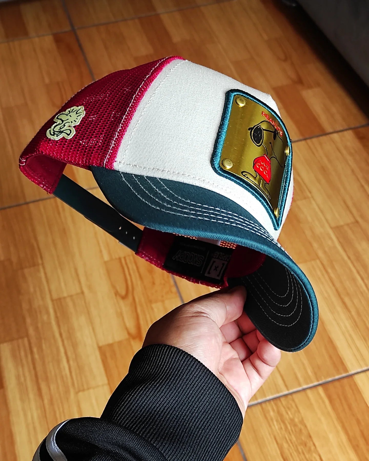 Gorra trucker snapback CAPSLAB Cacahuetes Snoopy blanco rojo verde