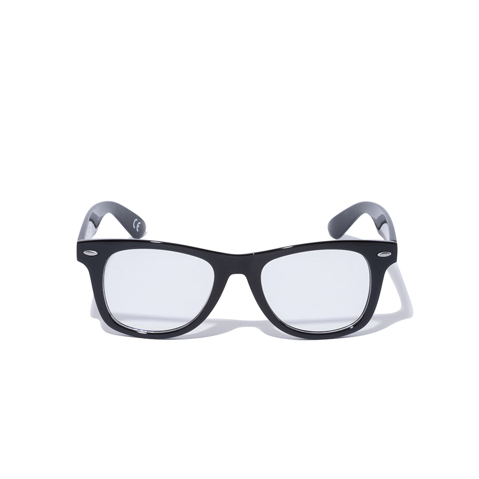 New Era - Gafas de sol Wellington con lentes cuadradas, montura negra brillante y lentes azul claro