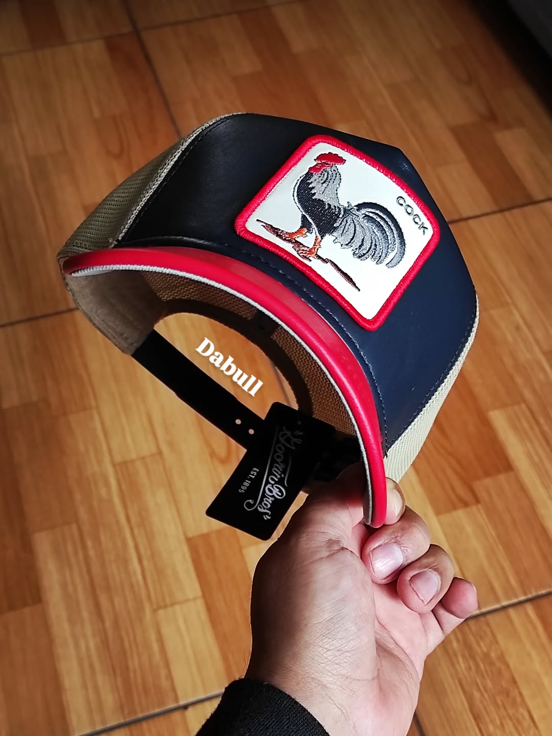 Gorra trucker The Farm de Goorin Bros, Shleather Cock, gallo, azul marino y rojo