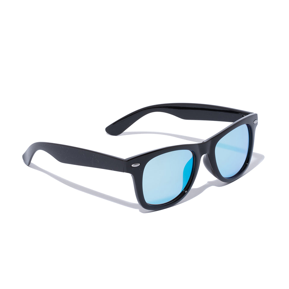 Wellington Sunglasses, Square Lenses, Gloss Black Frame, Blue Mirror New Era Lenses