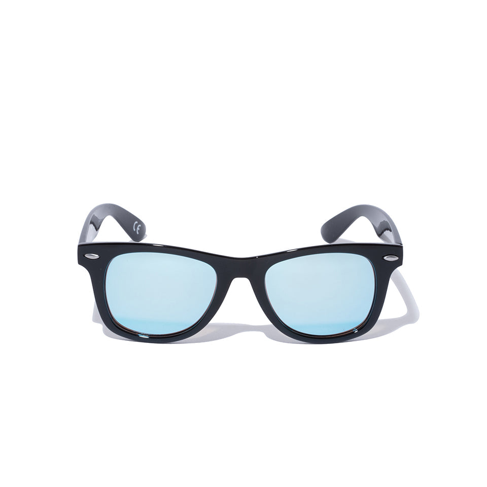 Wellington Sunglasses, Square Lenses, Gloss Black Frame, Blue Mirror New Era Lenses