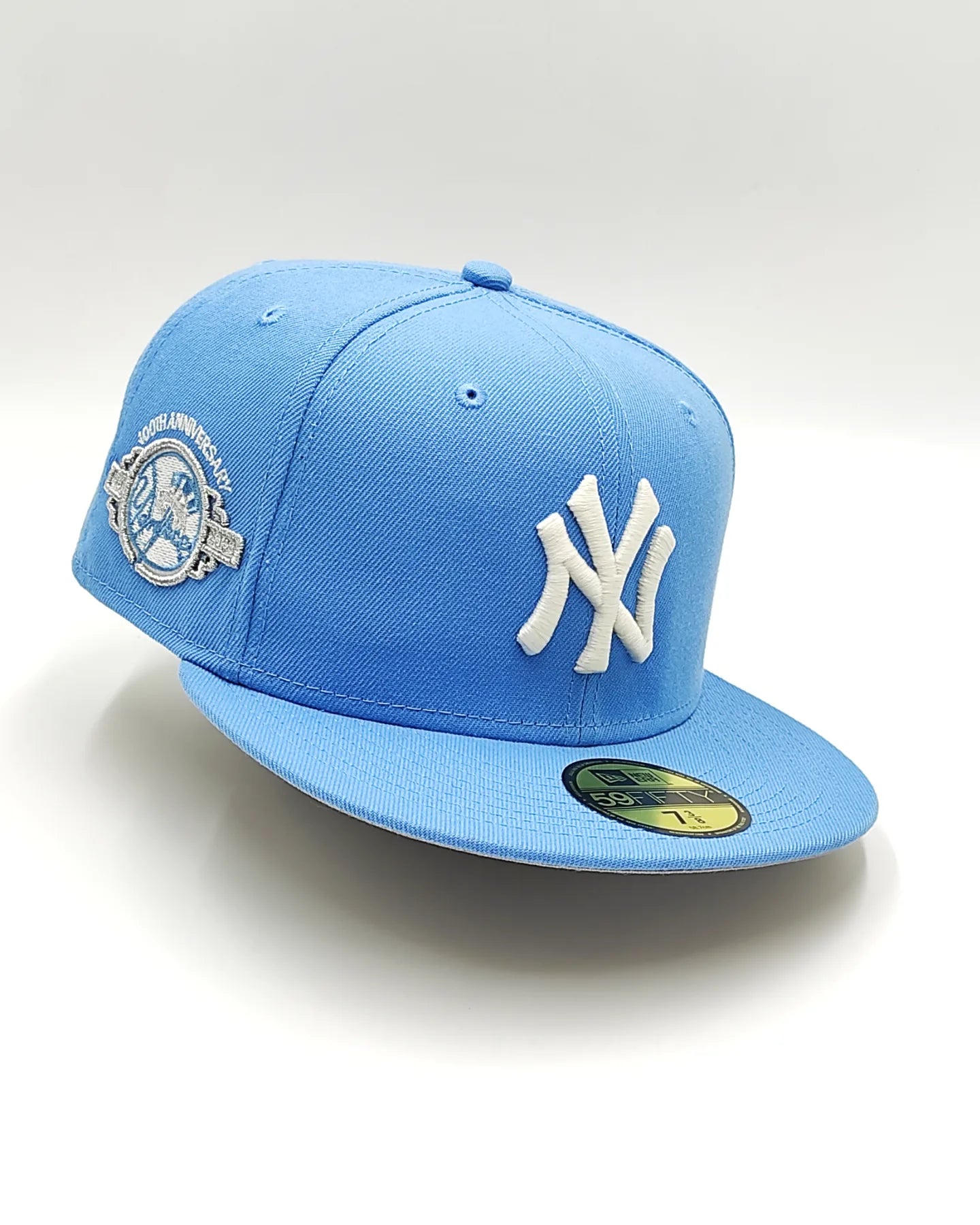 New York Yankees 100 aniversario New Era 59Fifty ajustada - azul cielo, blanco, plateado - brilla en la oscuridad