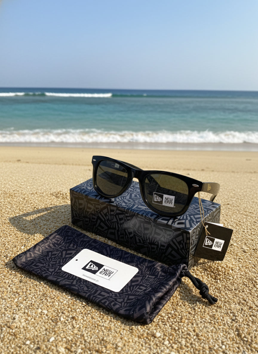 NewEra Wellington sunglasses with square lenses, shiny black frame and grey-green lenses