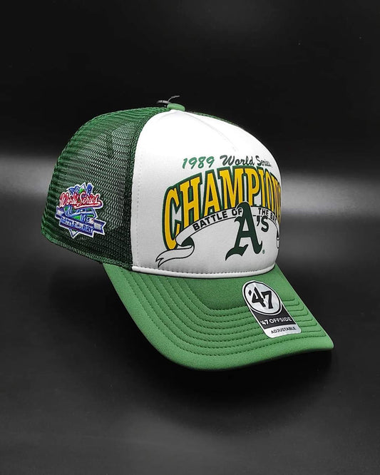 Gorra snapback trucker champ offside de espuma verde oscuro de la Serie Mundial de los Oakland Athletics de 47 Brand